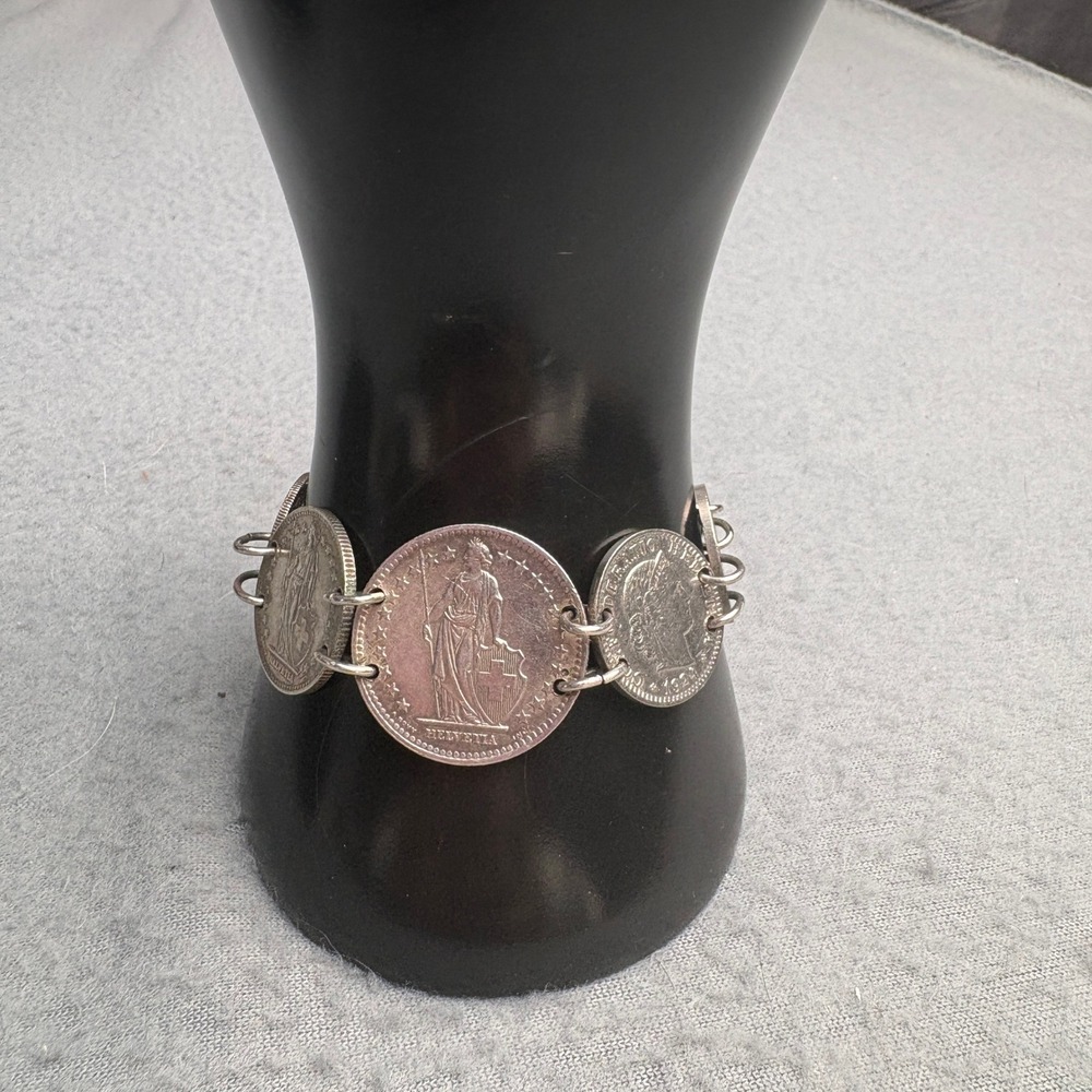 Vintage Swiss Coin Link Bracelet Confoederatio Helvetica Helvetia Jewelry 7.25in